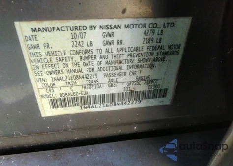 2008 Nissan Altima 2.5 S z USA, uszkodzony, nr VIN 1N4AL21E08N442279